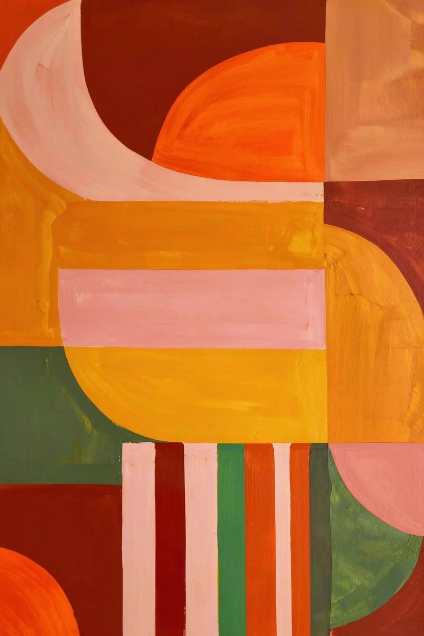 Abstract acrylic painting featuring overlapping curved and rectangular shapes in orange, yellow, pink, green, brown, and white with vertical multicolored stripes at the bottom.