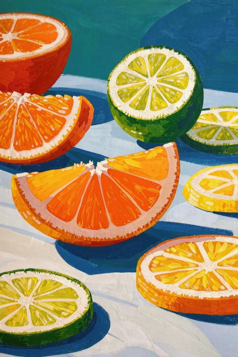 Acrylic painting of sliced oranges and limes arranged on a blue surface with shadows.