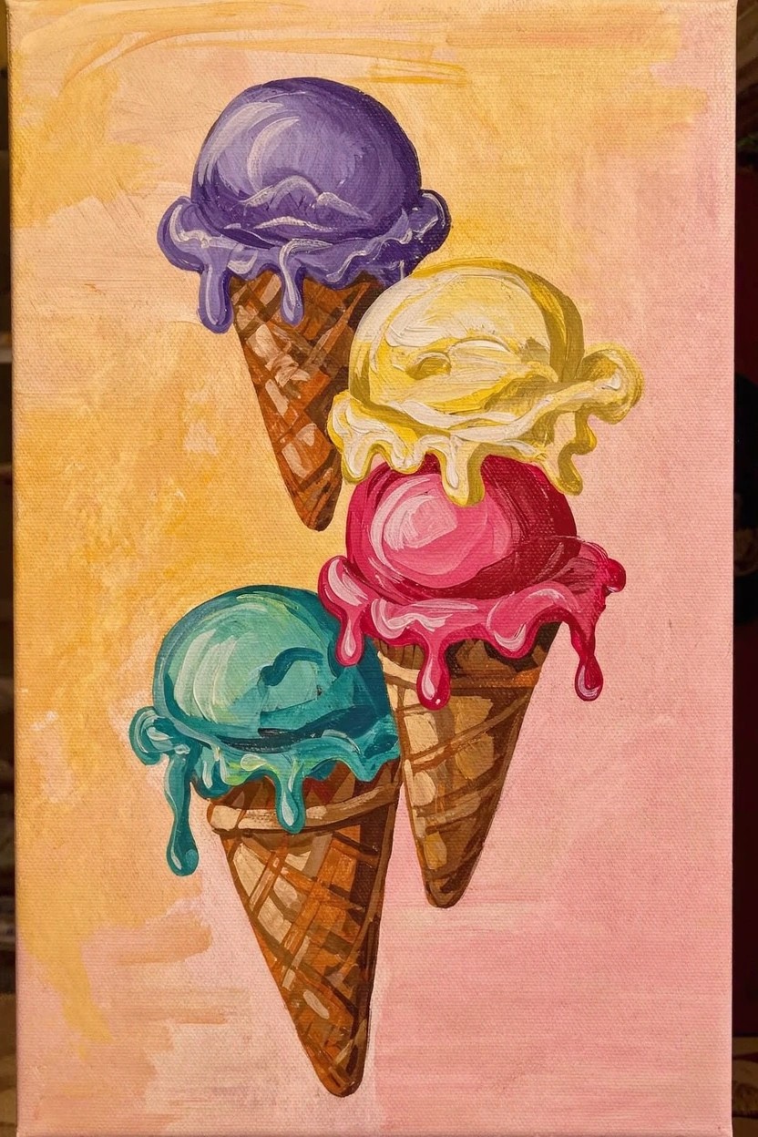 Acrylic painting of four stacked ice cream cones with purple, yellow, pink, and teal scoops dripping over waffle cones on an orange background.