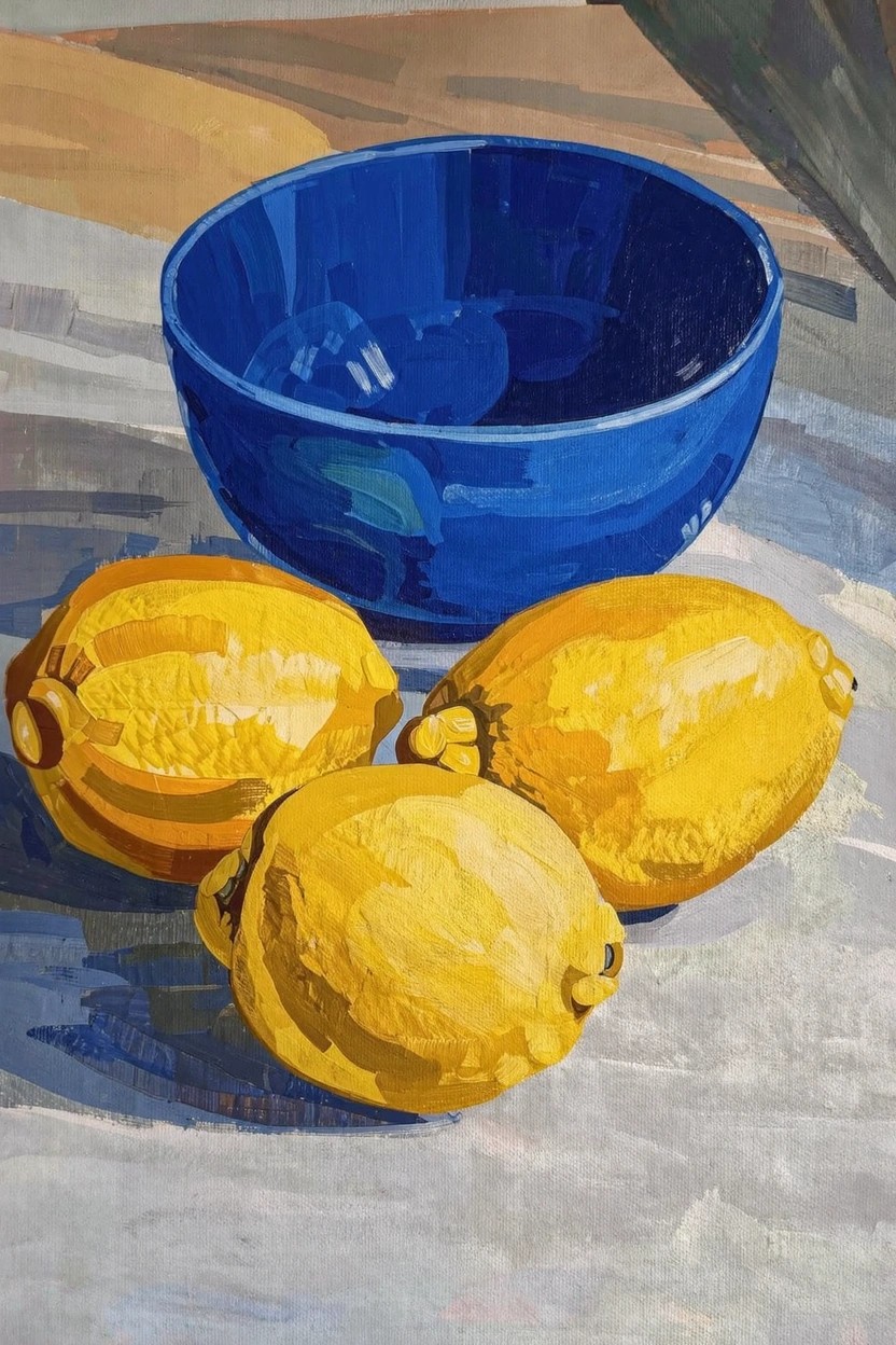 Acrylic painting of three yellow lemons next to an empty blue bowl on a textured light gray background.
