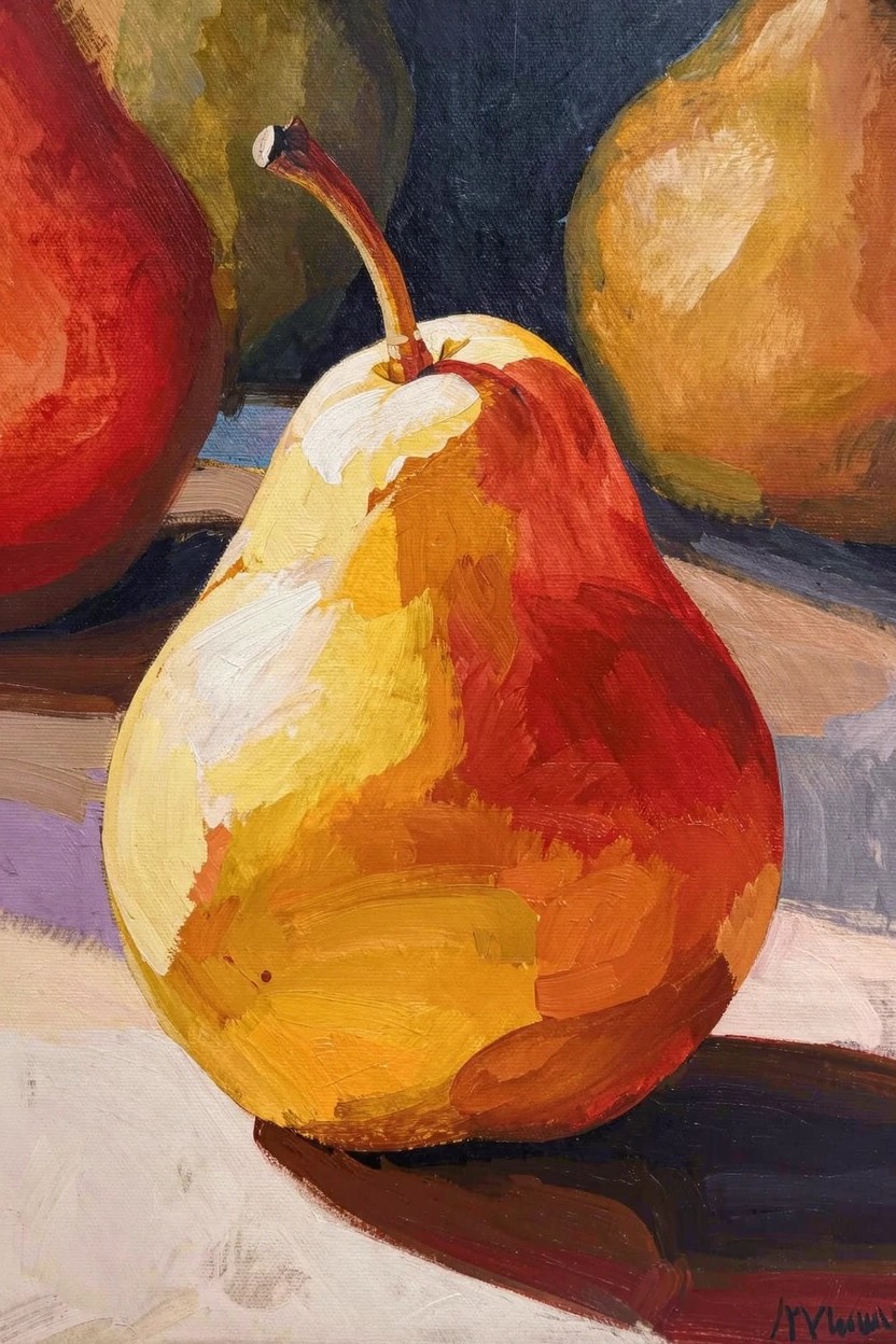 Acrylic still life of three pears with thick, vibrant brushstrokes, white highlights, and shadows on a dark background.