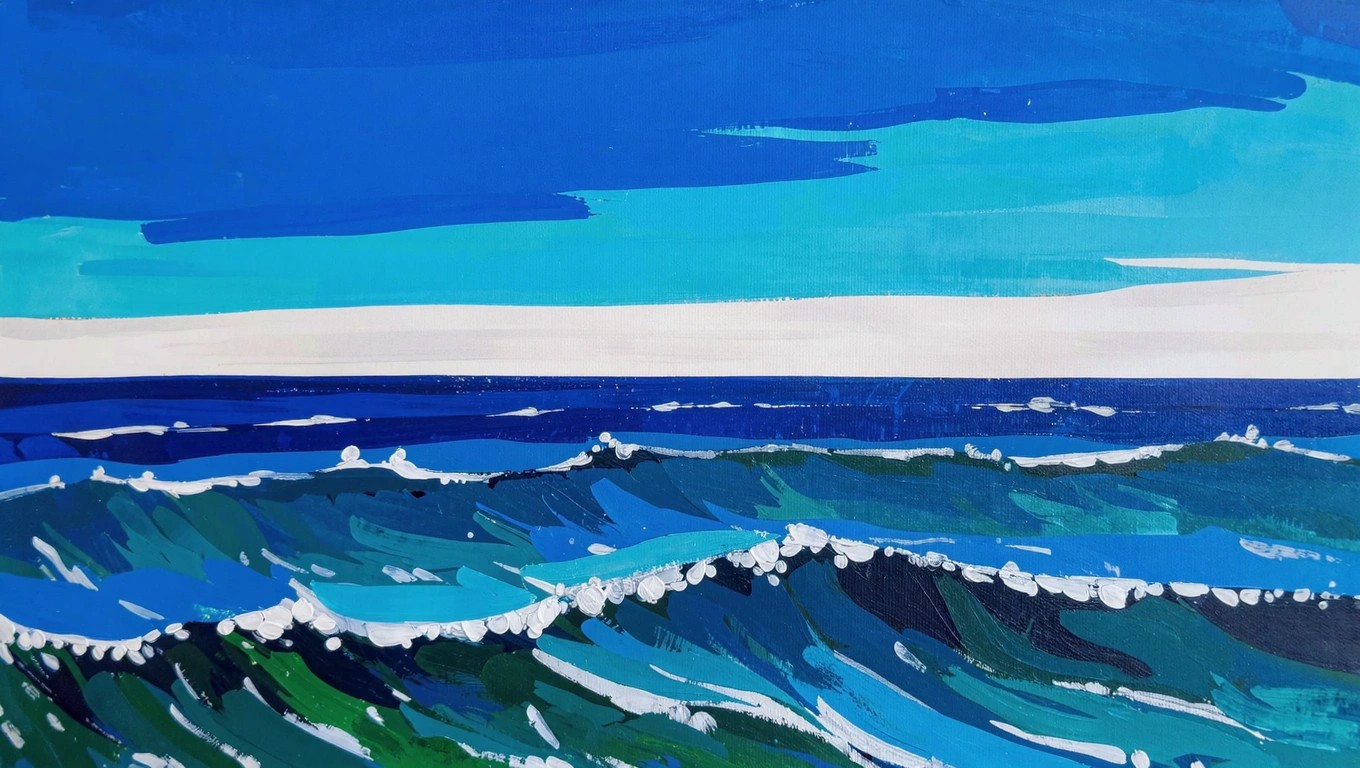 Acrylic painting of blue sky with yellow-orange sunset clouds over blue ocean waves with white foam.