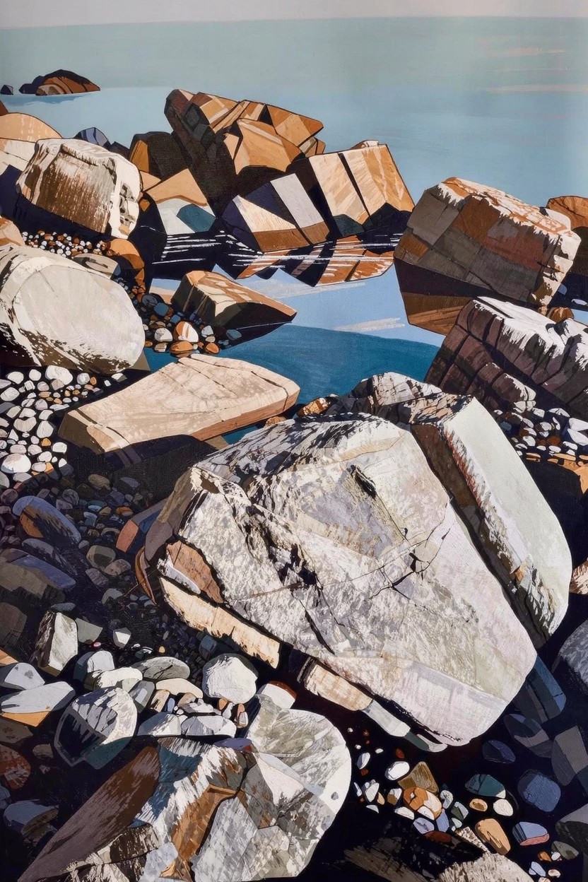 Acrylic painting of large angular rocks in tans, grays, and browns stacked at a blue water's edge with reflections and a light sky above.