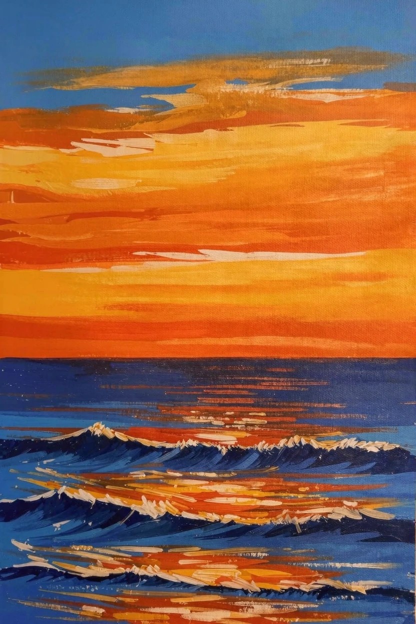 Acrylic painting of a vibrant orange-yellow sunset sky over blue ocean waves with colorful reflections.