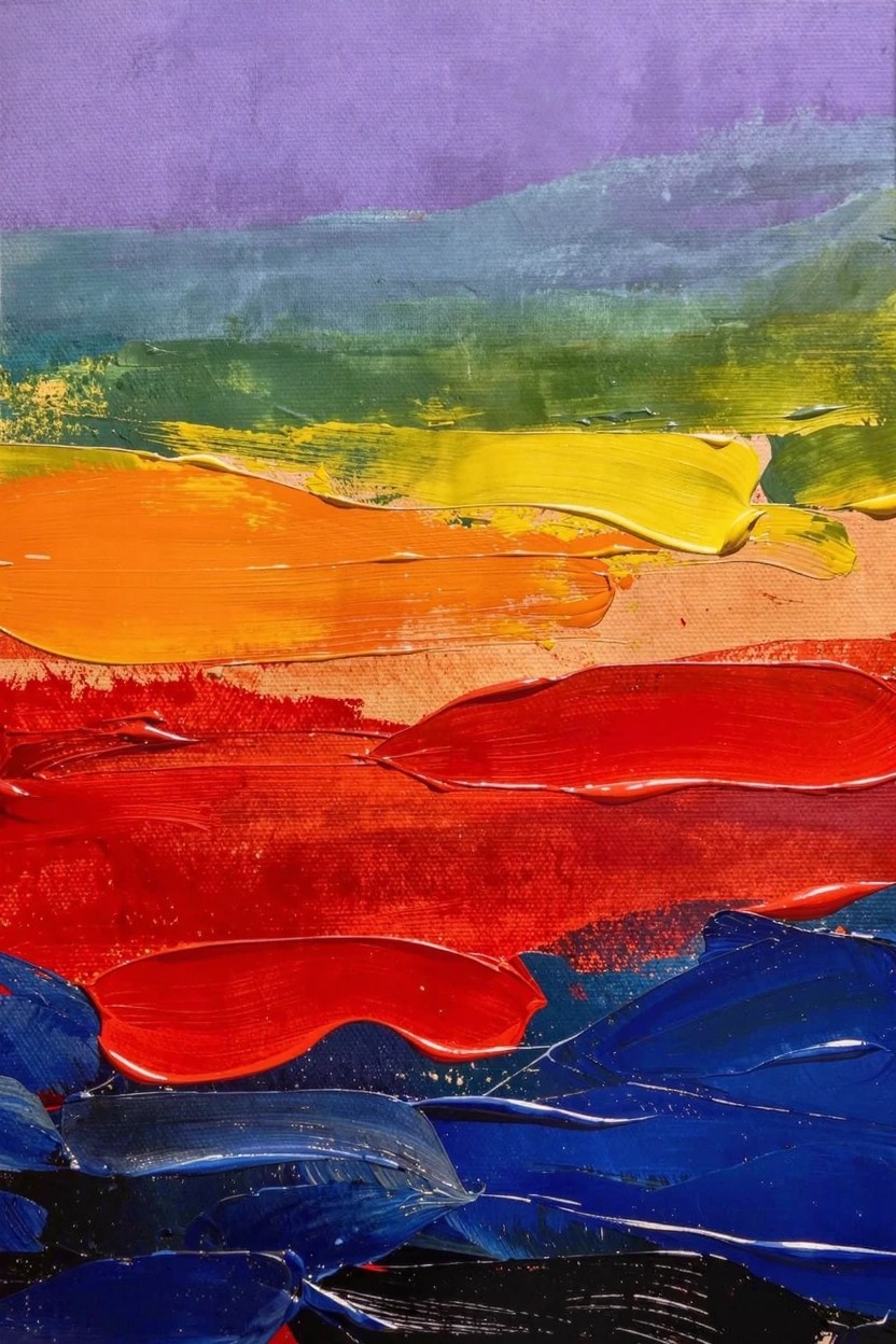 Abstract acrylic painting of horizontal rainbow bands from purple at top to blue at bottom with thick textured brushstrokes.