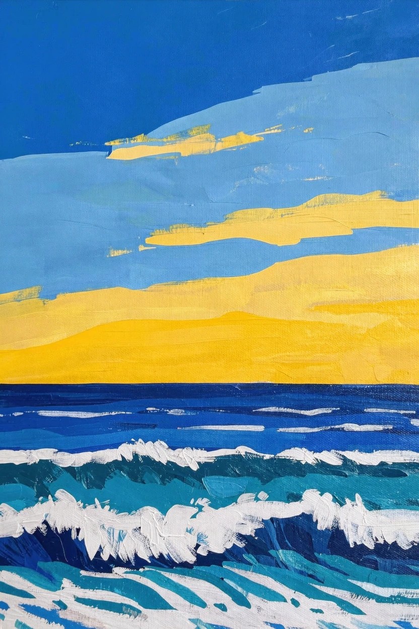 Acrylic painting of blue sky with yellow-orange sunset clouds over blue ocean waves with white foam.