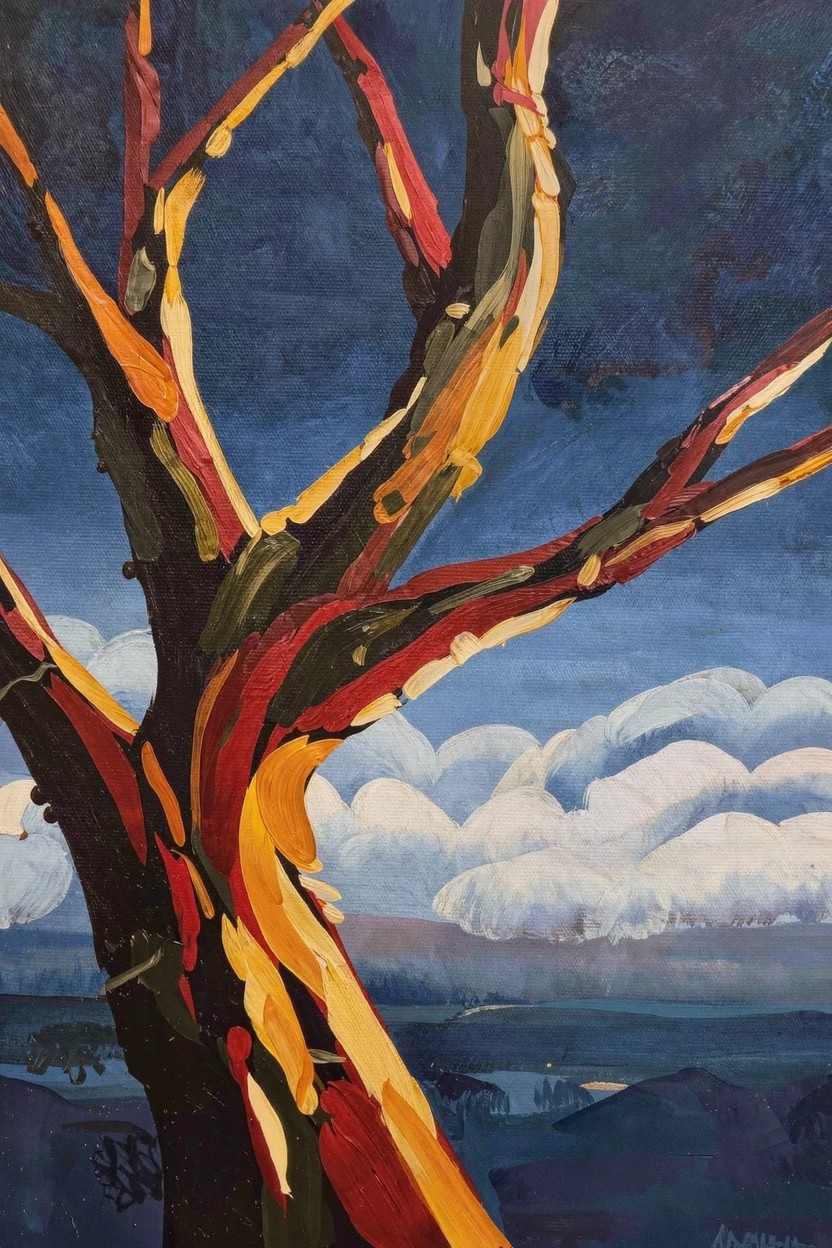 Vertical acrylic painting of a tree with multicolored red, orange, yellow, and green bark against a dark blue sky, white clouds, and distant landscape.