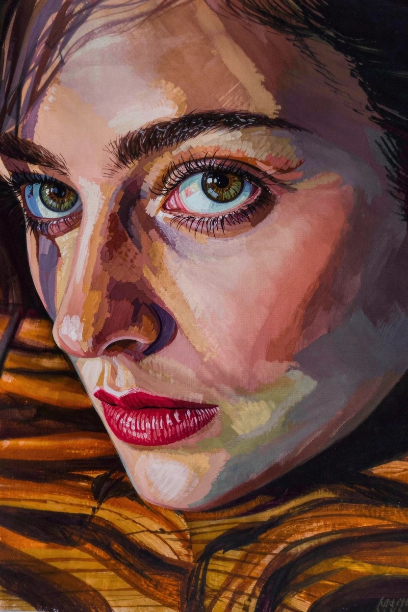 Close-up acrylic painting of a woman's profile face with green eyes and red lips emerging from orange and black tiger stripes.