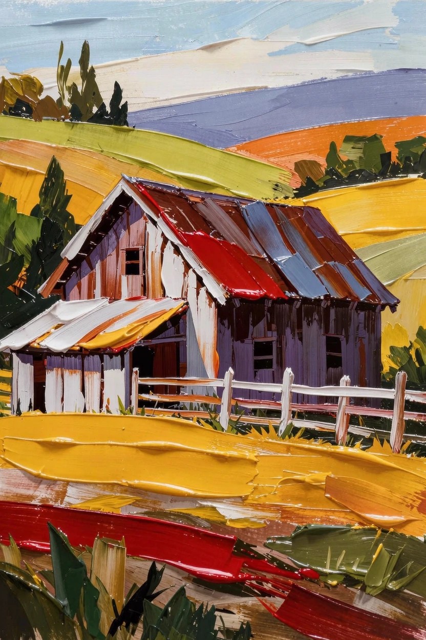 Acrylic painting of a weathered barn with red roof amid rolling hills in green, yellow, orange, and purple with thick textured brushstrokes and a white fence.
