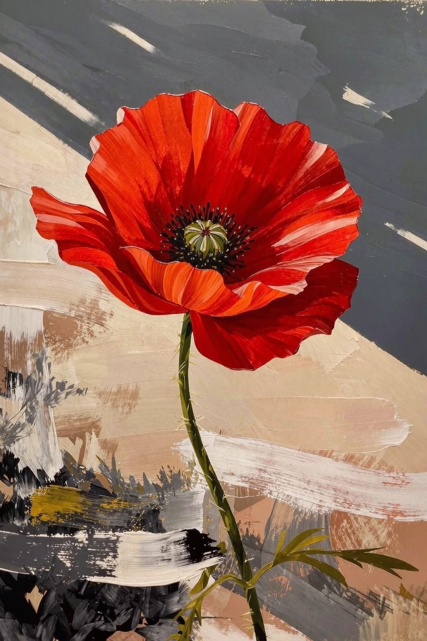 Acrylic painting of a central red poppy flower on a stem with abstract gray, beige, and white brushstroke background.