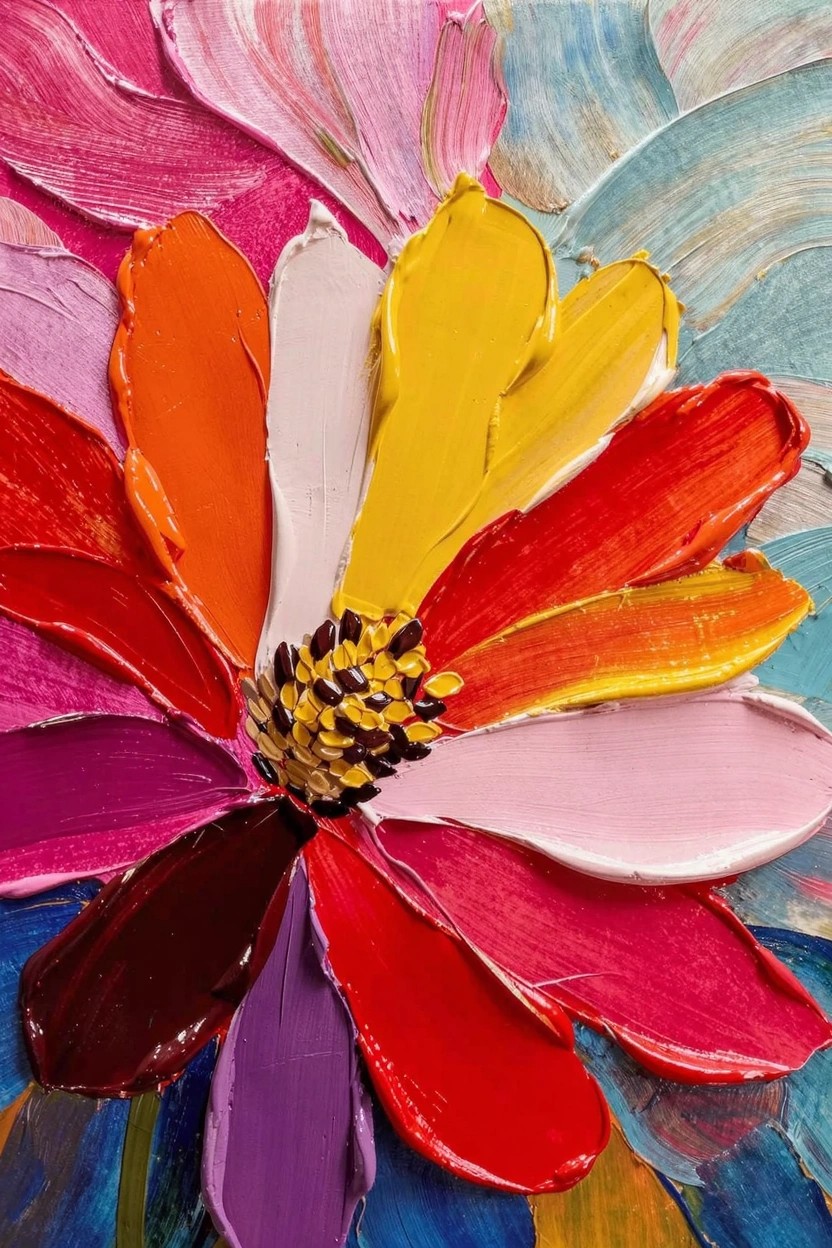 Acrylic impasto painting of a single flower with thick, raised petals in bright pinks, oranges, yellows, reds, purples, and blues on a textured background.