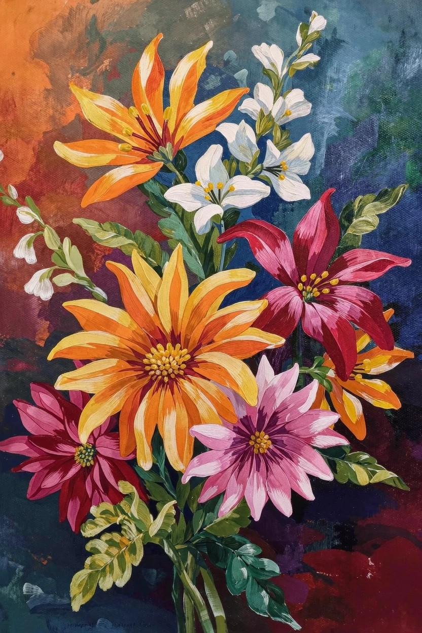 Acrylic painting of a bouquet with orange lilies, yellow flowers, pink and red blooms, white flowers, and green leaves against a dark blue-green background.