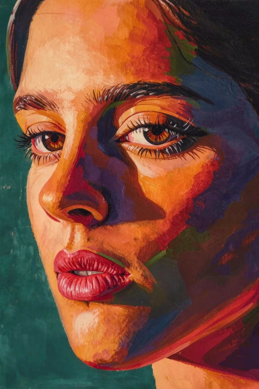 Close-up acrylic portrait of a woman's face in layered vibrant colors against a green background.