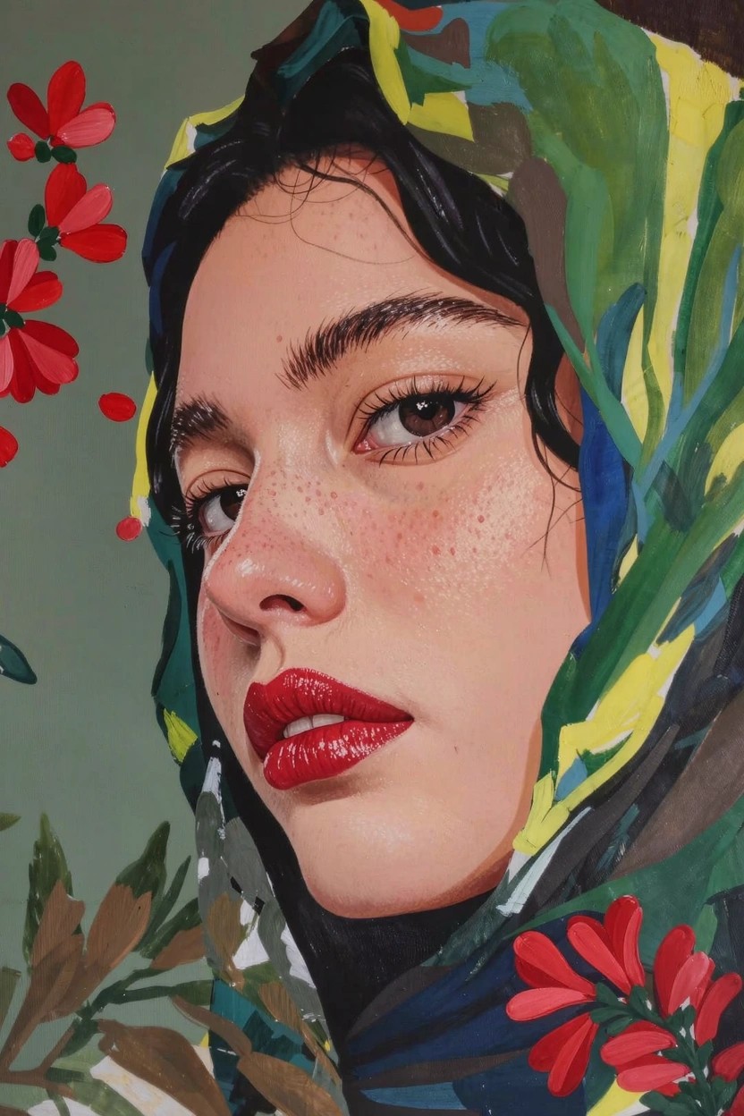 Close-up acrylic portrait of a woman with freckles, dark eyes, and red lips wearing a green and yellow patterned scarf amid red flowers and green leaves.