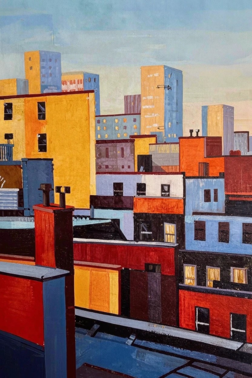 Acrylic painting of colorful stacked urban buildings from a rooftop view with a gradient sky.