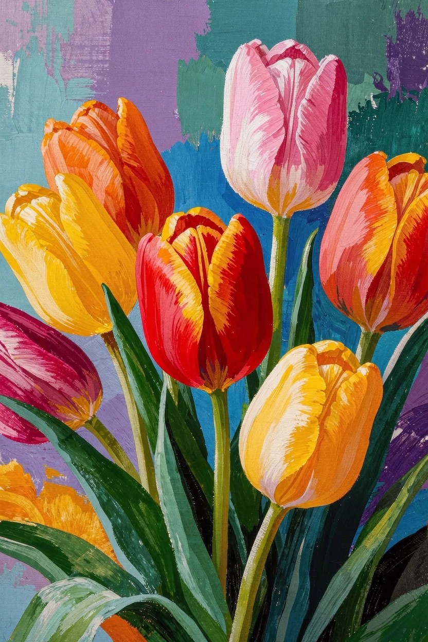 Acrylic painting of a bouquet of orange, yellow, red, and pink tulips with green stems and leaves on a purple, teal, and blue abstract background.