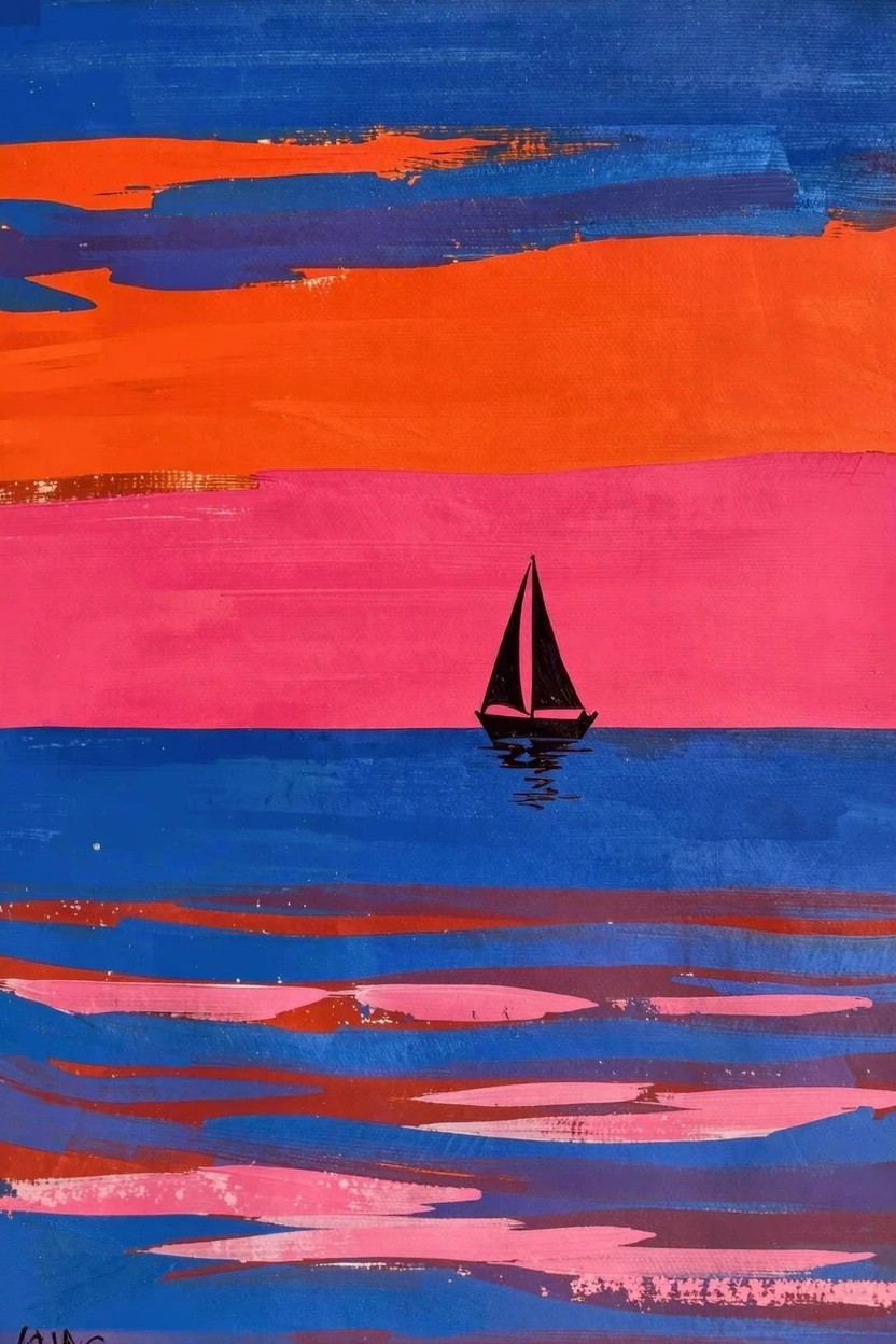 Abstract acrylic painting of a black sailboat silhouette centered on blue water with a subtle reflection, under layered orange-pink-purple sunset sky stripes.