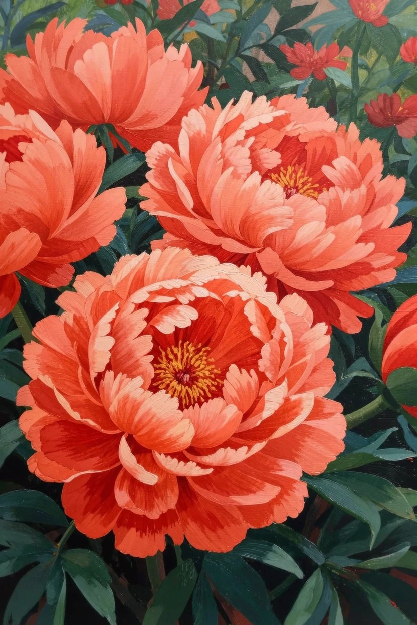 Close-up acrylic painting of multiple coral-pink peony blooms with layered petals and green leaves in the background.