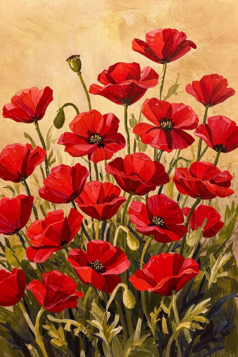 Acrylic painting of a dense cluster of red poppy flowers with green stems, leaves, and buds on a beige background.