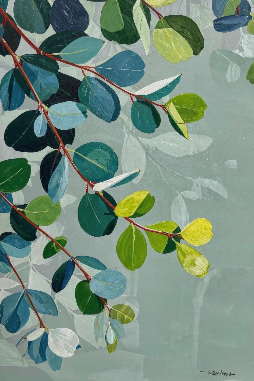 Acrylic painting of overlapping eucalyptus leaves and branches in shades of teal, green, blue, and yellow on a light gray background.