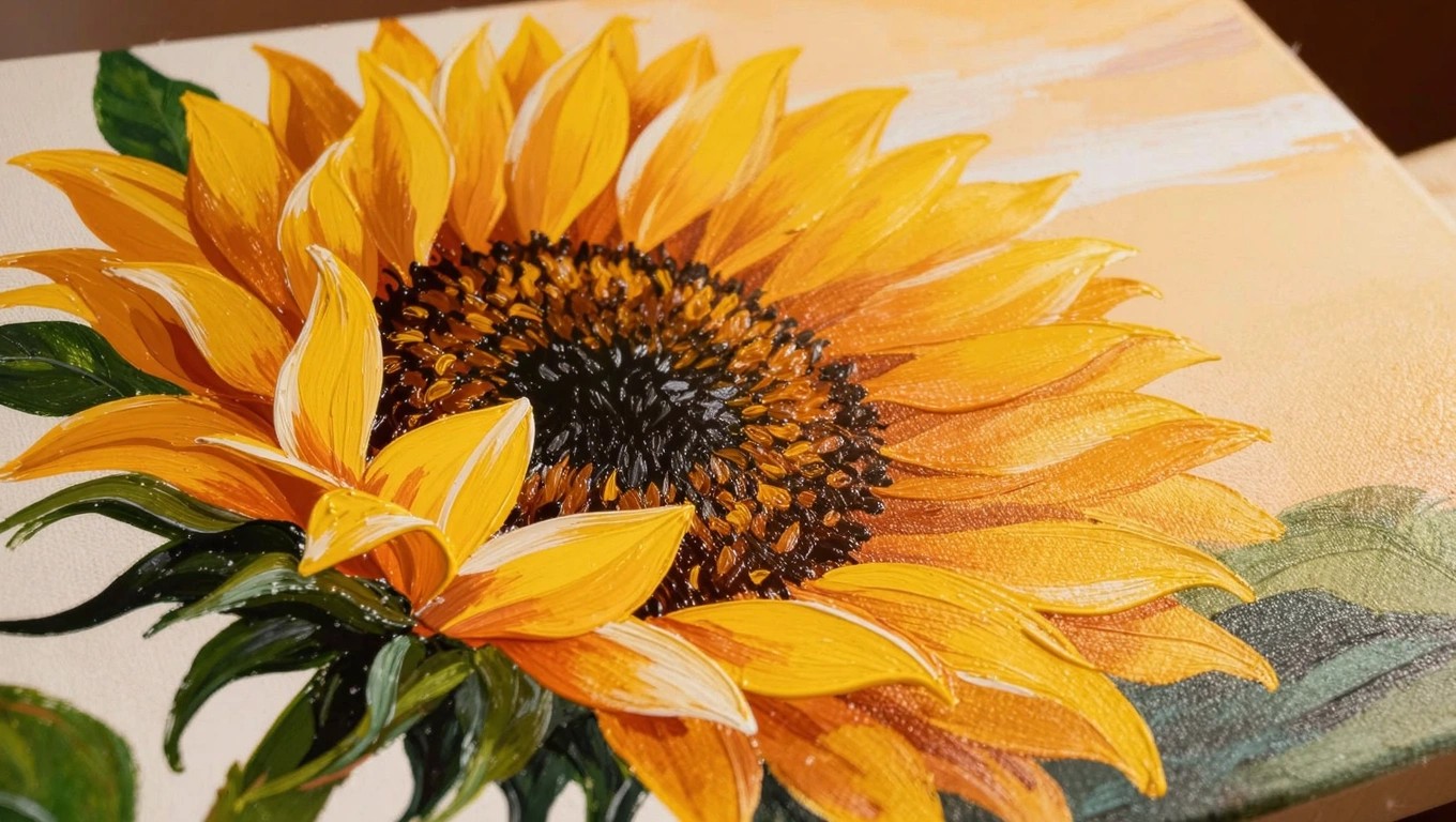 Acrylic painting of a large yellow sunflower with dark center and green leaves against an orange sunset sky.