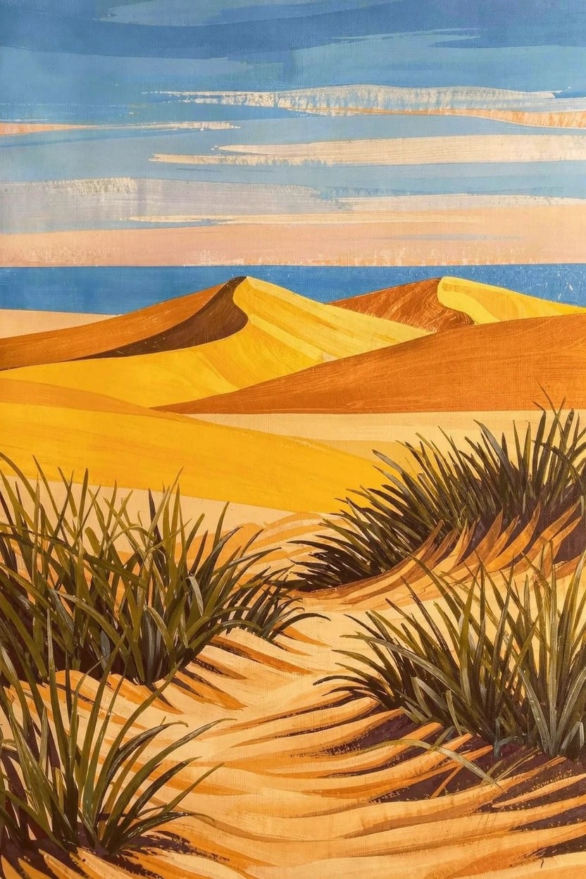 Acrylic painting of yellow sand dunes with green foreground grasses, a path, blue sky, and distant sea.