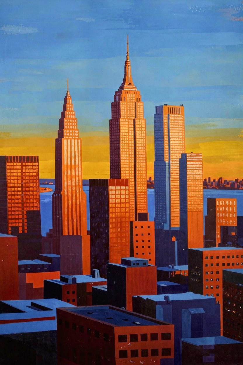 Acrylic painting of New York City skyline at sunset with the Empire State Building in orange-gold tones against blue sky and water.