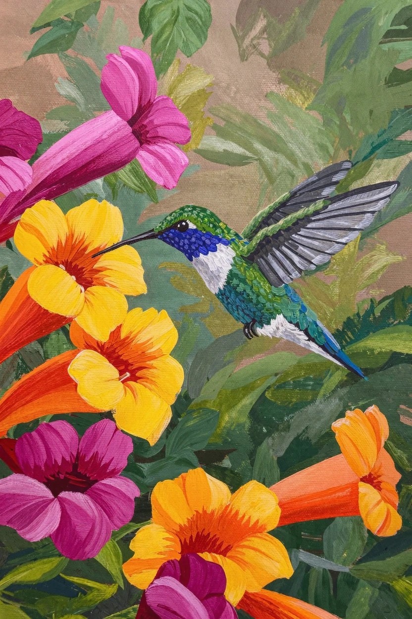 Acrylic painting of a green hummingbird with blue throat and white belly hovering at a yellow trumpet flower, surrounded by pink, orange, and yellow blooms in a leafy green background.