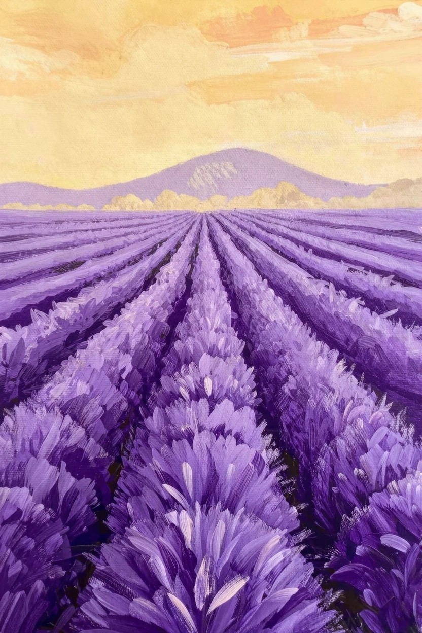 Acrylic painting of purple lavender rows in a field leading to a yellow mountain under an orange and yellow sunset sky.
