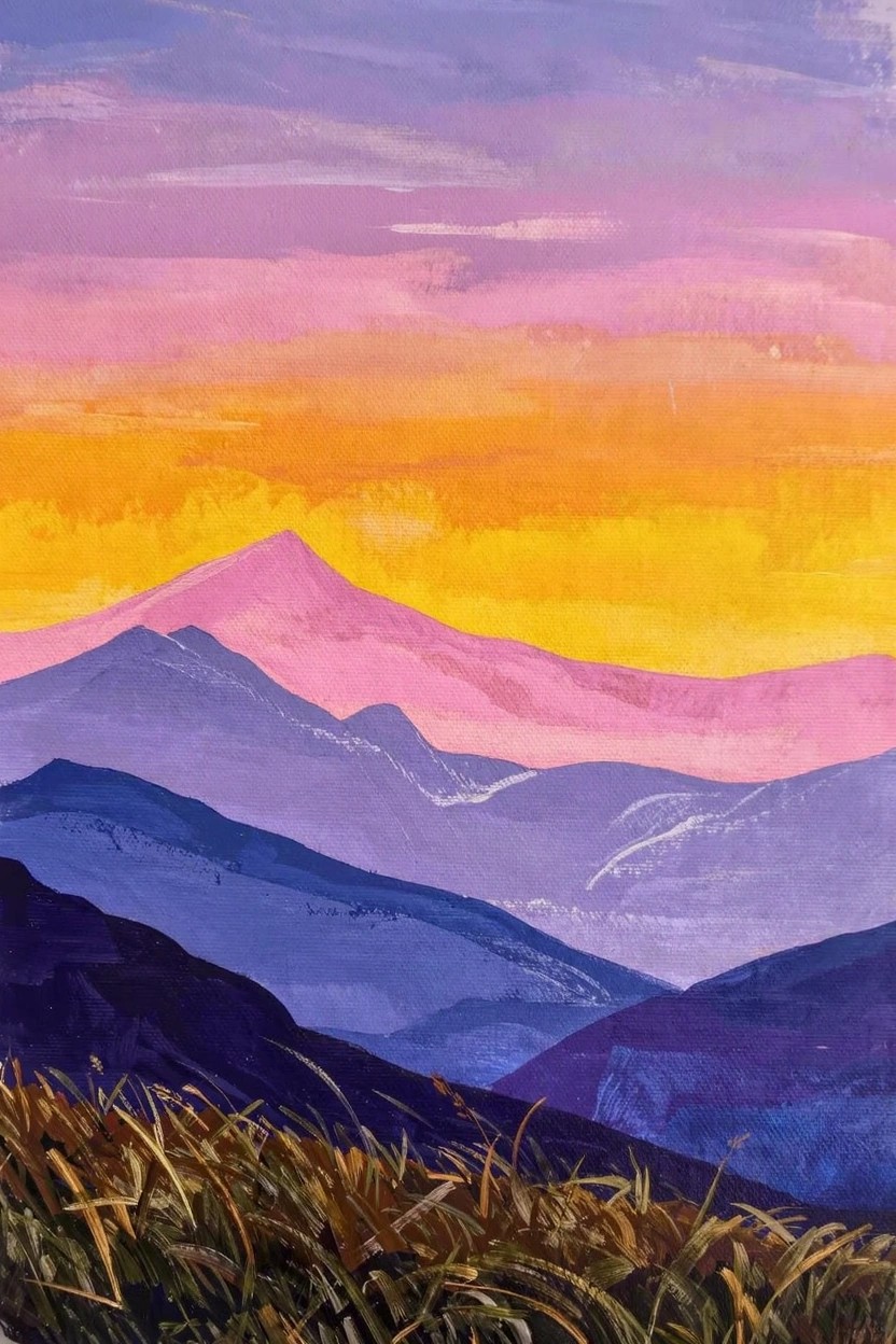 Acrylic painting of layered purple and pink mountains under a gradient sky from purple to orange and yellow, with tall foreground grasses.