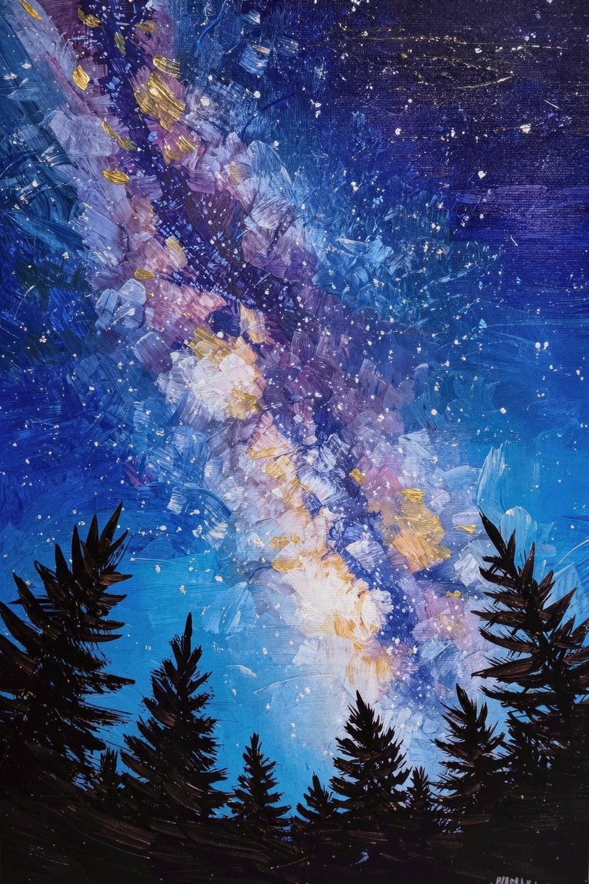 Acrylic painting of a textured, colorful Milky Way galaxy in deep blue night sky above dark silhouetted pine trees.
