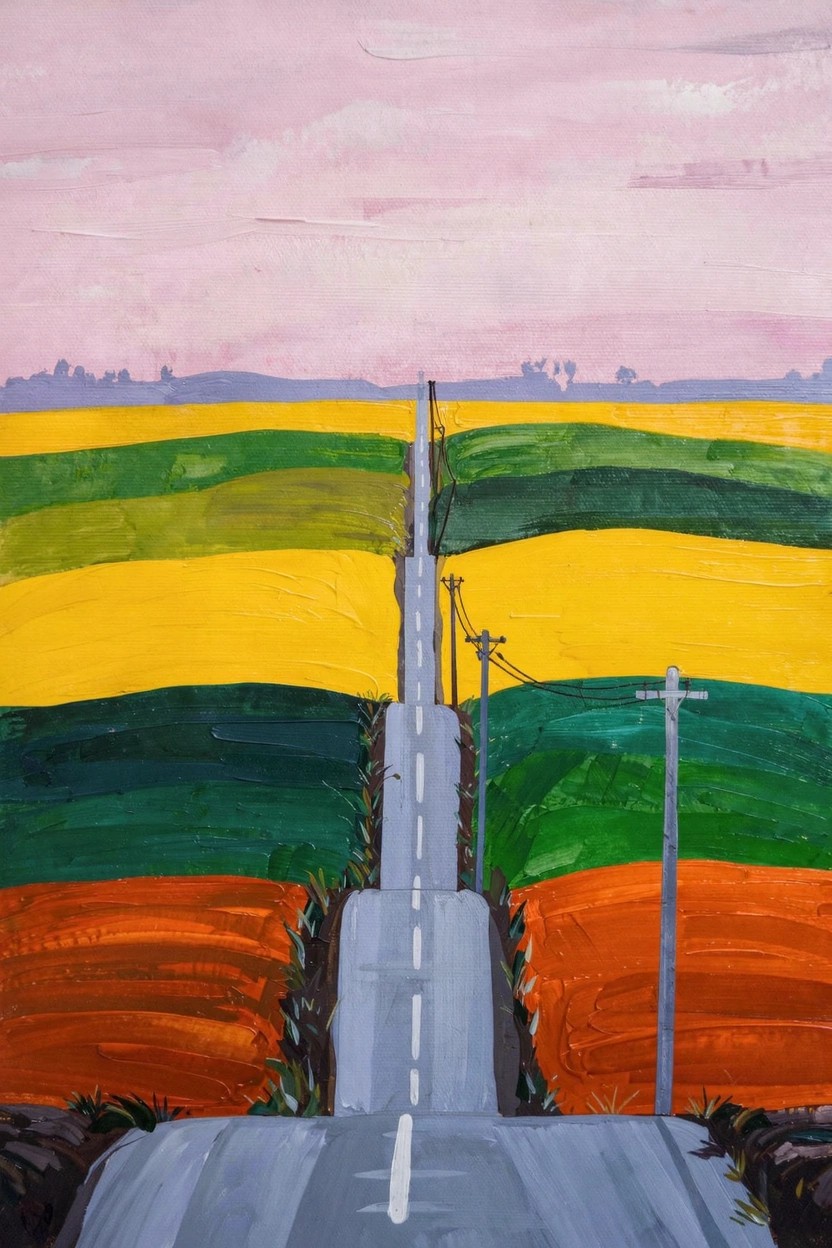 Acrylic painting of horizontal bands of green, yellow, and orange fields divided by a central white road under a pink sky with utility poles.