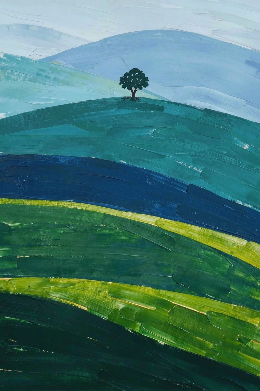 Acrylic painting of undulating hills in greens, teals, and blues with a single dark tree on the hilltop under a pale sky.