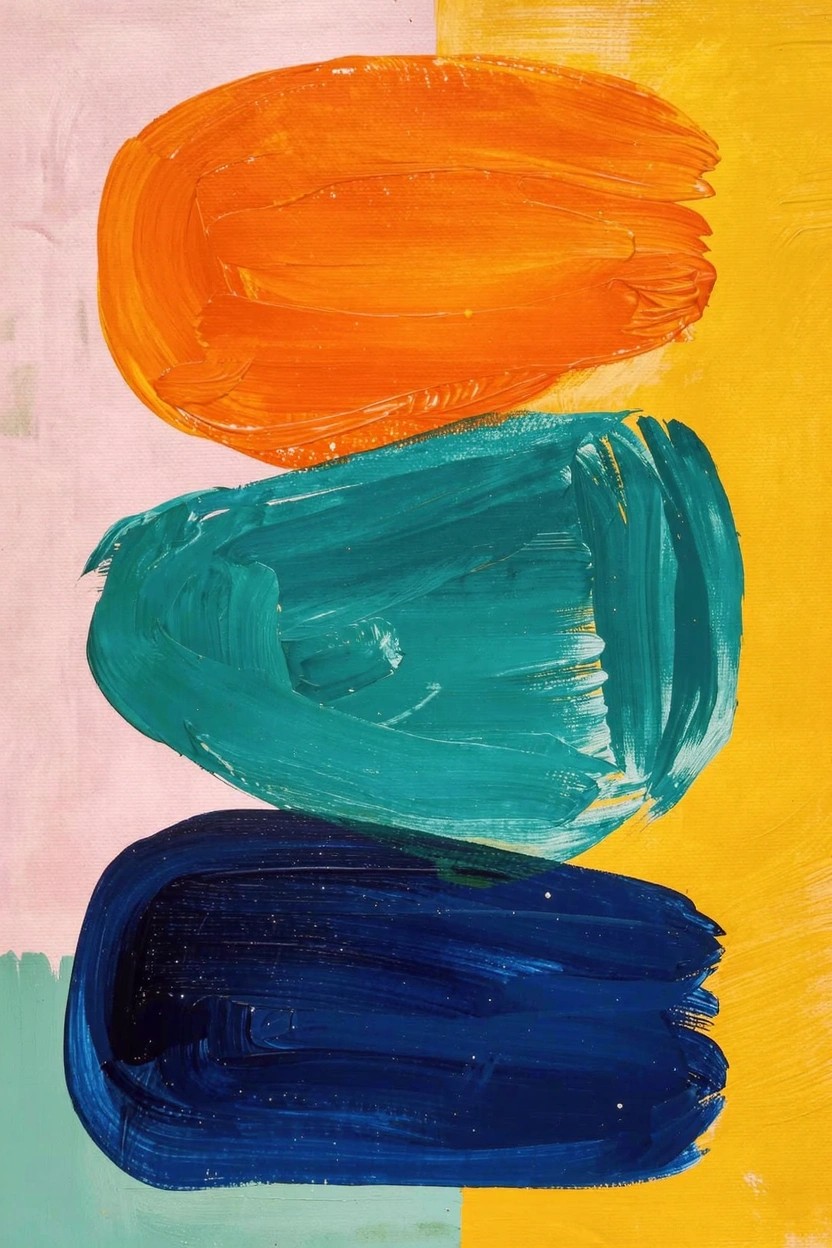 Vertical abstract acrylic painting with stacked orange, teal, and navy organic shapes on a pink and yellow split background.