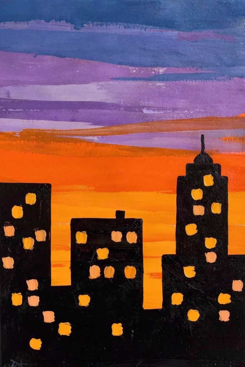 Acrylic painting of silhouetted black city buildings with yellow lit windows against a purple-to-orange gradient sunset sky.