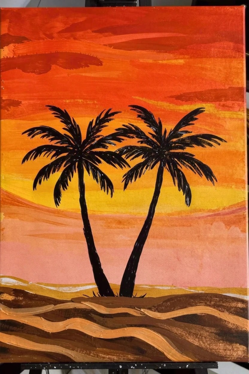 Acrylic painting on canvas showing two black palm tree silhouettes against a blended orange sunset sky and wavy brown sand dunes at the base.