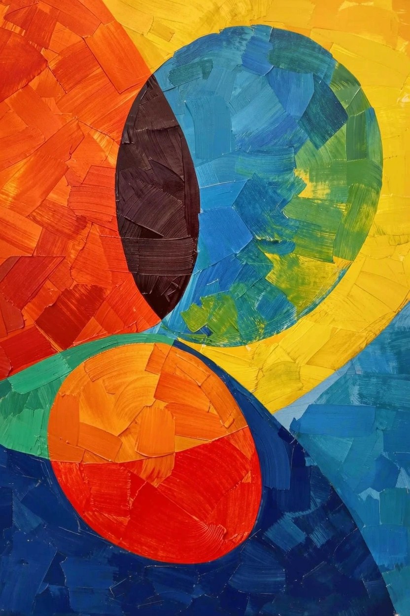 Abstract acrylic painting featuring overlapping ovals and circles in vibrant orange, yellow, blue, green, red, and brown with textured brushwork.