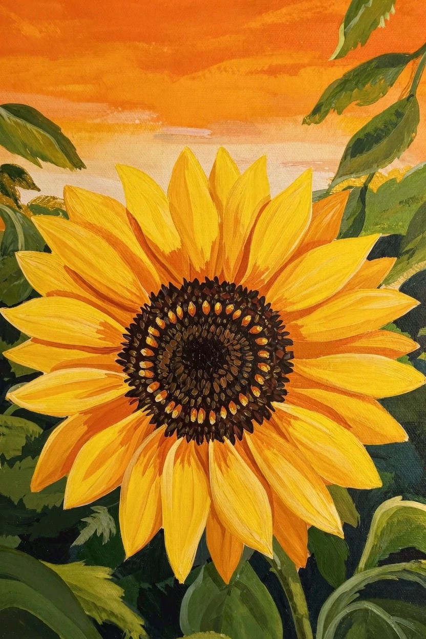 Acrylic painting of a large yellow sunflower with dark center and green leaves against an orange sunset sky.