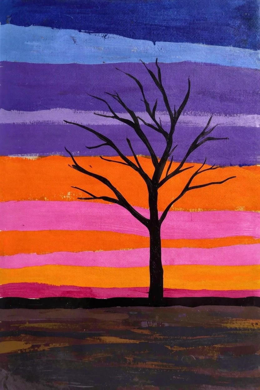 Acrylic painting featuring a black bare tree silhouette centered against horizontal color stripes transitioning from purple-blue sky to orange-pink sunset over textured brown ground.