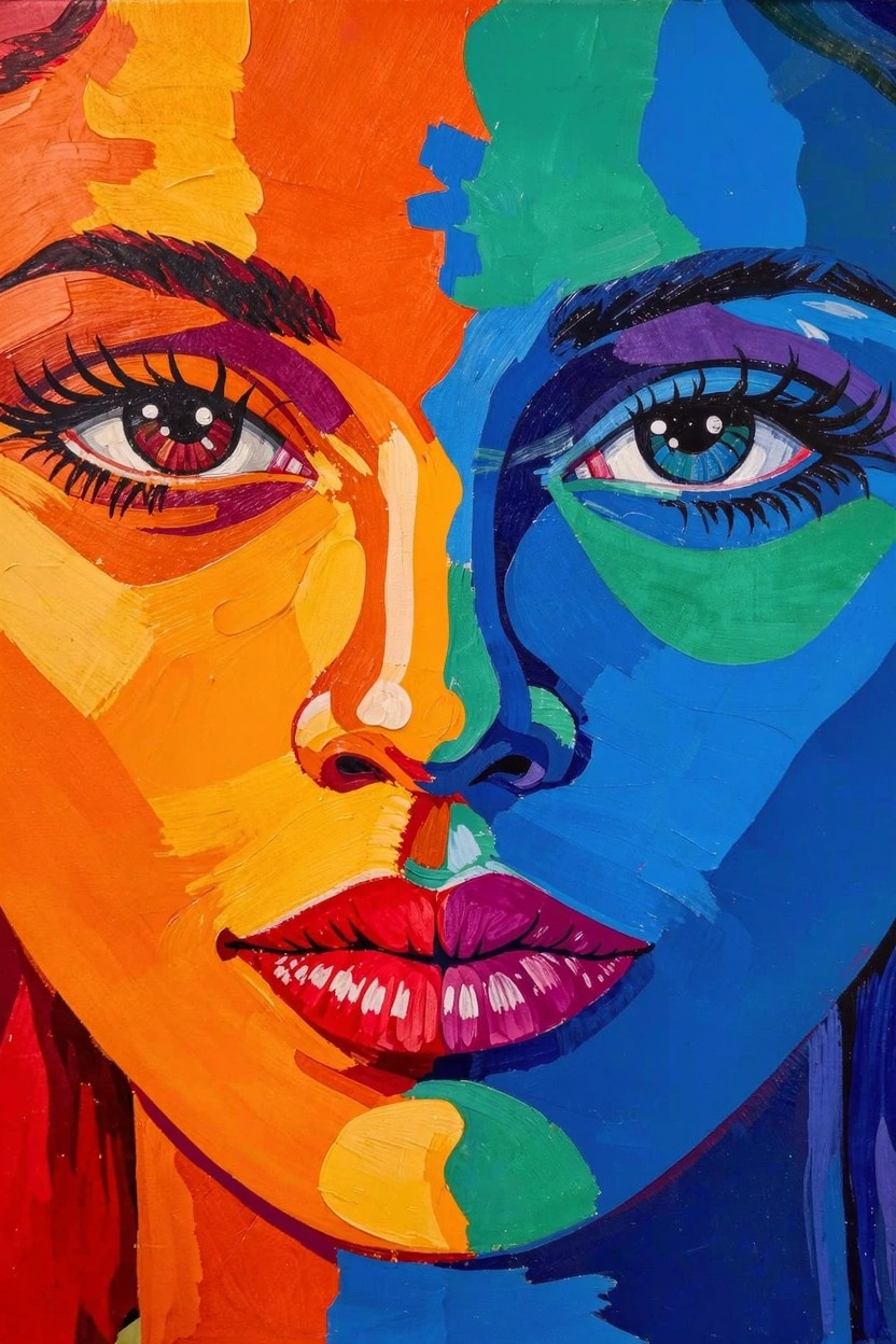 Acrylic painting of a woman's face split into bold geometric blocks of orange, green, blue, pink, and magenta.