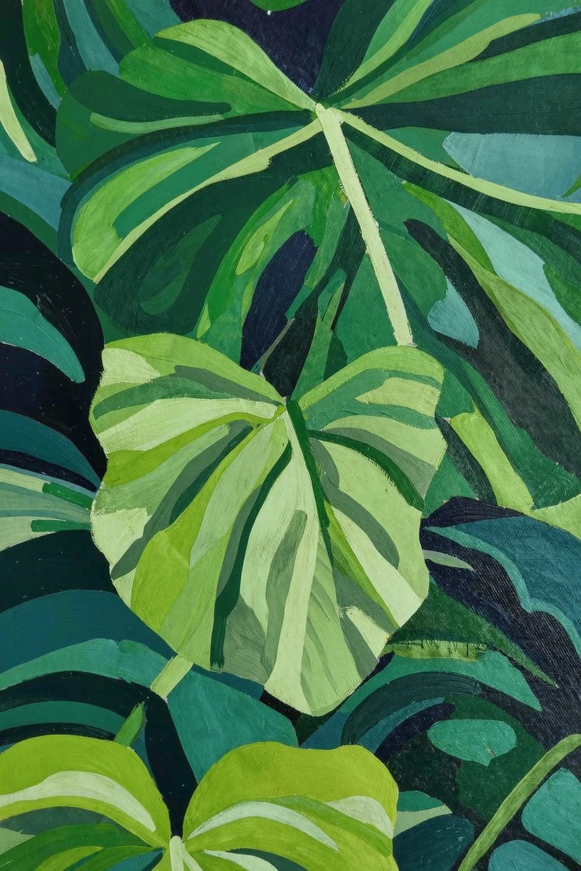 Acrylic painting of overlapping monstera leaves in dark to light greens with teal accents on a black background.
