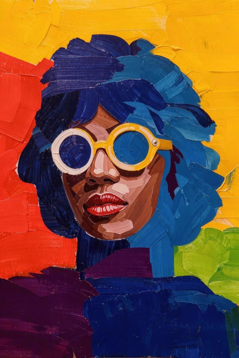 Acrylic painting of a stylized Black woman's face with blue curly hair, yellow-rimmed blue sunglasses, red lips, on a patchwork background of yellow, red, purple, green, and blue.