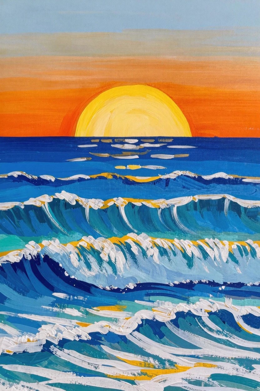 Acrylic painting of a large yellow sun setting on the horizon over blue ocean waves, with an orange-to-blue sky gradient above.