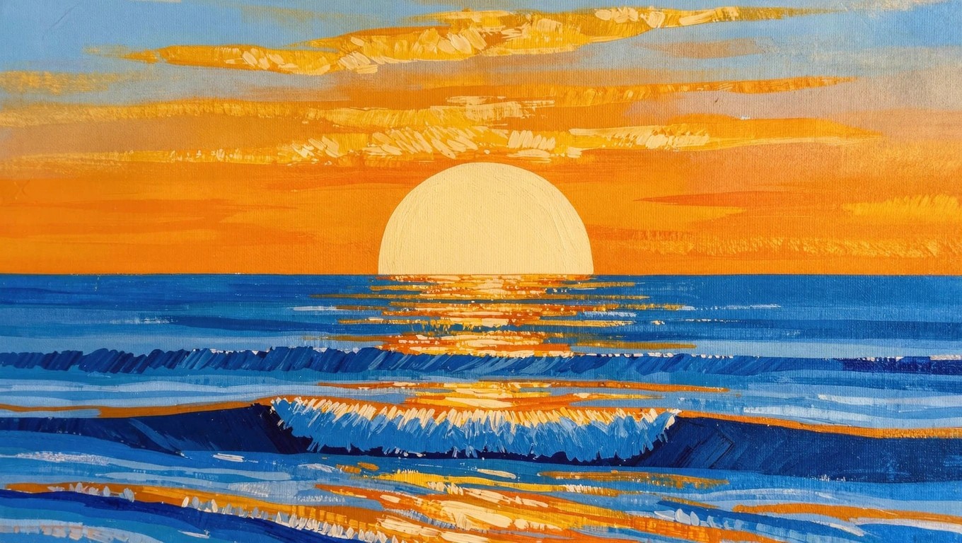 Acrylic painting of a large yellow sun setting on the horizon over blue ocean waves, with an orange-to-blue sky gradient above.