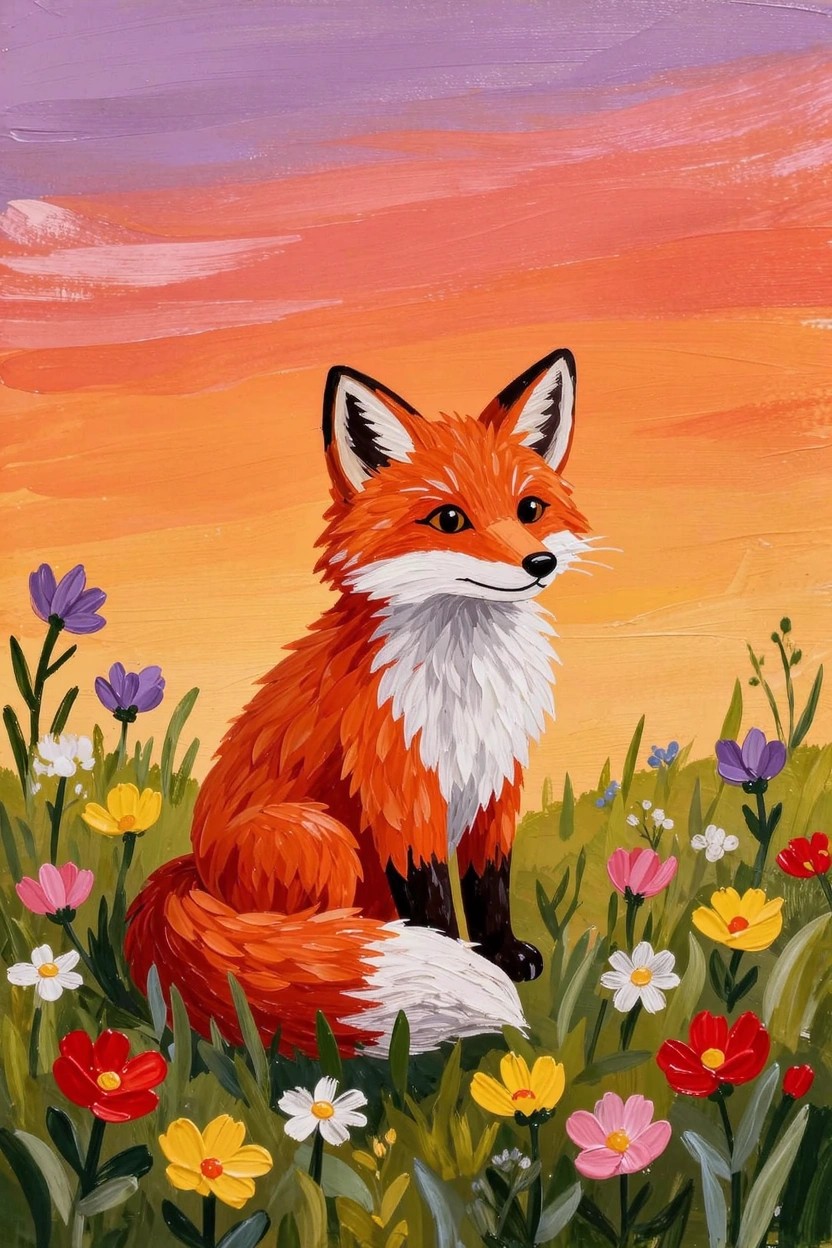 Acrylic painting of an orange fox sitting in a field of colorful wildflowers under a purple-to-orange sunset sky.
