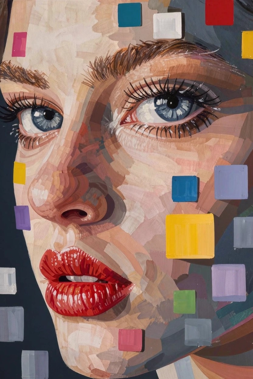 Close-up portrait of a woman's face overlaid with geometric blocks in red, blue, yellow, purple, green, and white.