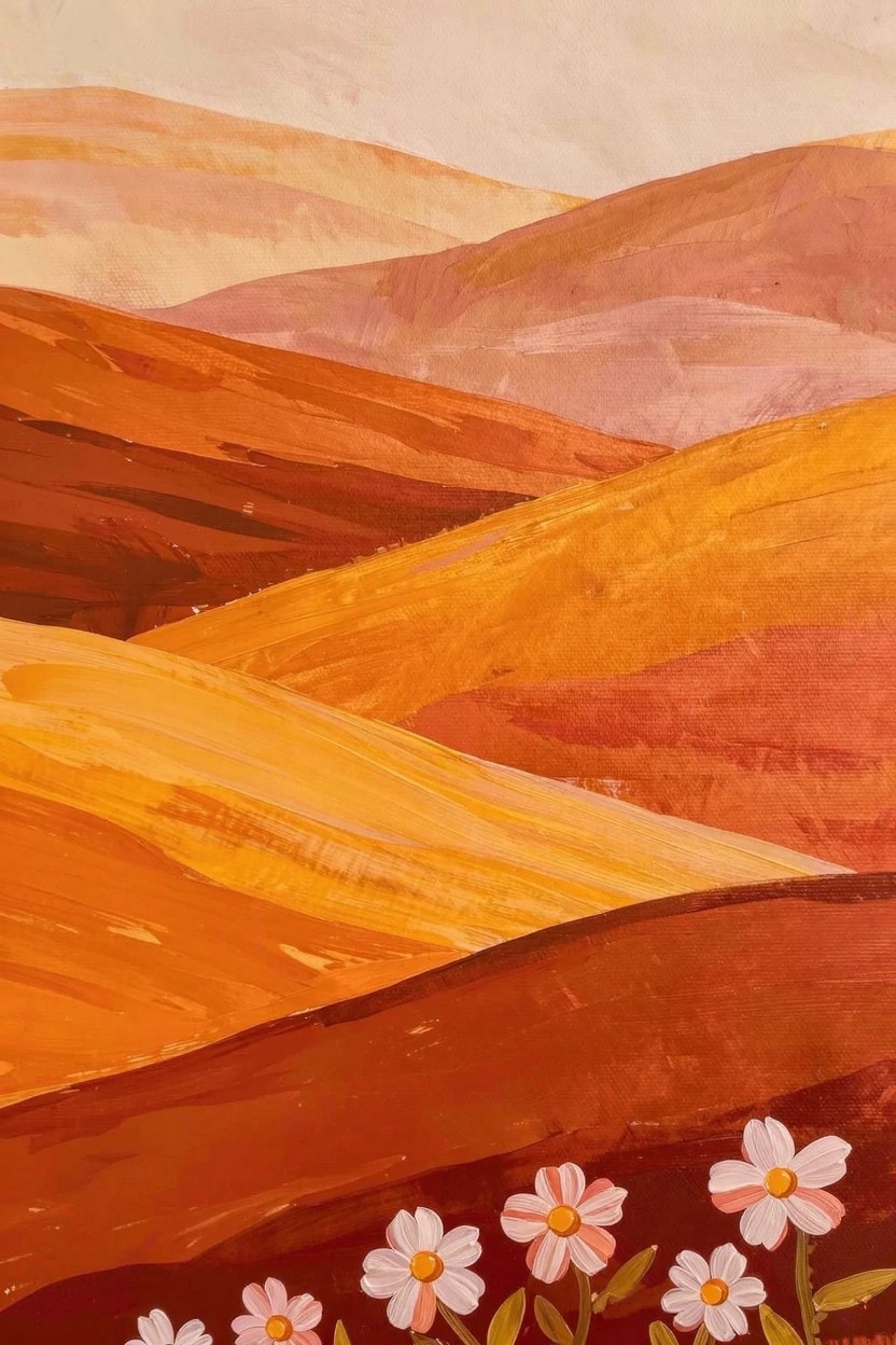 Acrylic painting of rolling hills in orange, pink, and yellow tones with white daisies in the foreground.