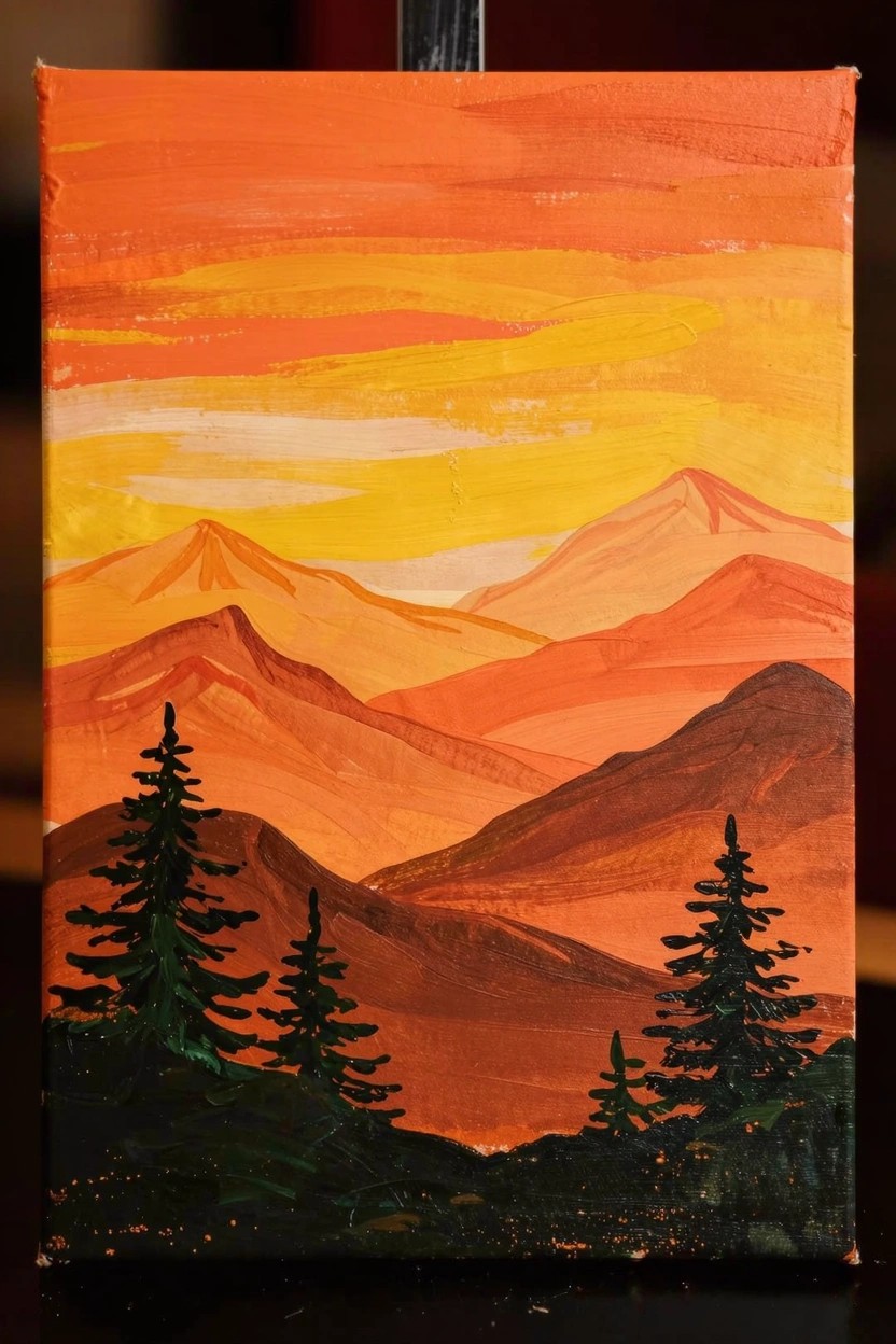 Acrylic painting of an orange-yellow sunset sky over layered orange mountains with dark green pine trees in the foreground.