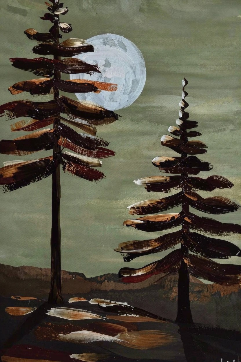 Acrylic painting of two tall pine trees silhouetted against a full white moon in a dark green landscape with orange-brown snowy ground.