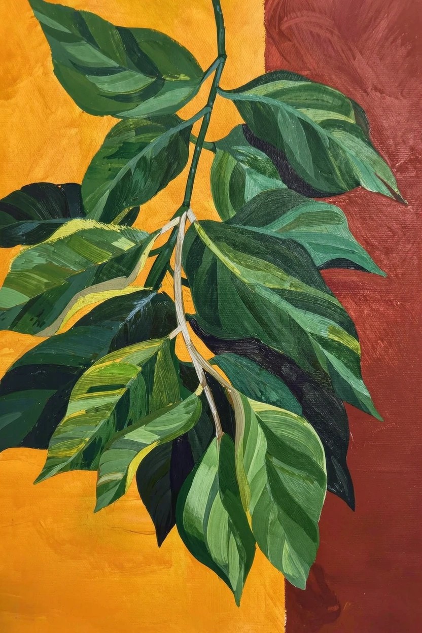 Acrylic painting of a green variegated leaf branch extending diagonally across a yellow and reddish-brown split background.